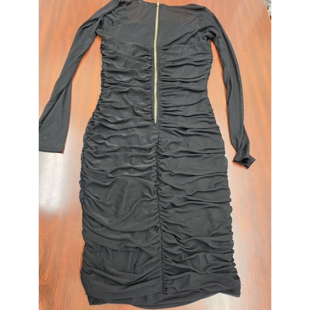 Fashion Nova Dress Plus Size 1X Black Sheer Mesh Overlay Ruched Long Sleeve Zip - Picture 2 of 6